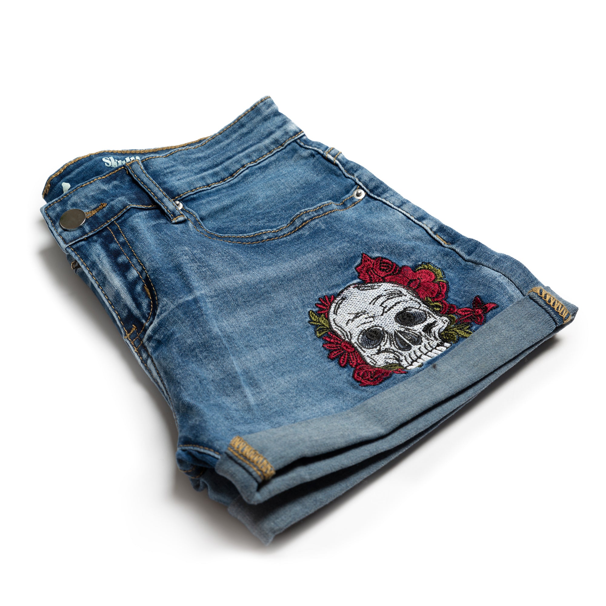 Skull Embroidery Denim Shorts