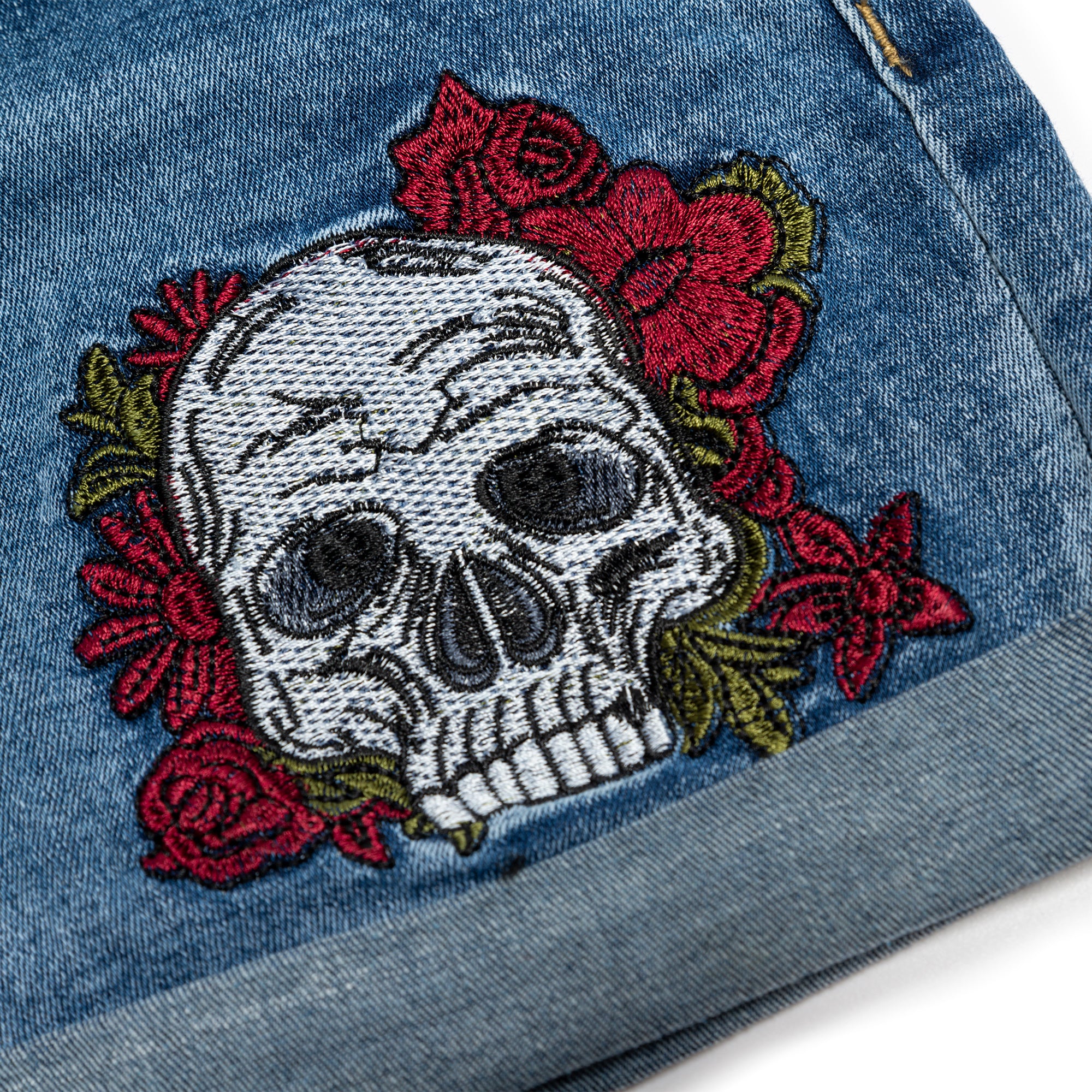 Skull Embroidery Denim Shorts